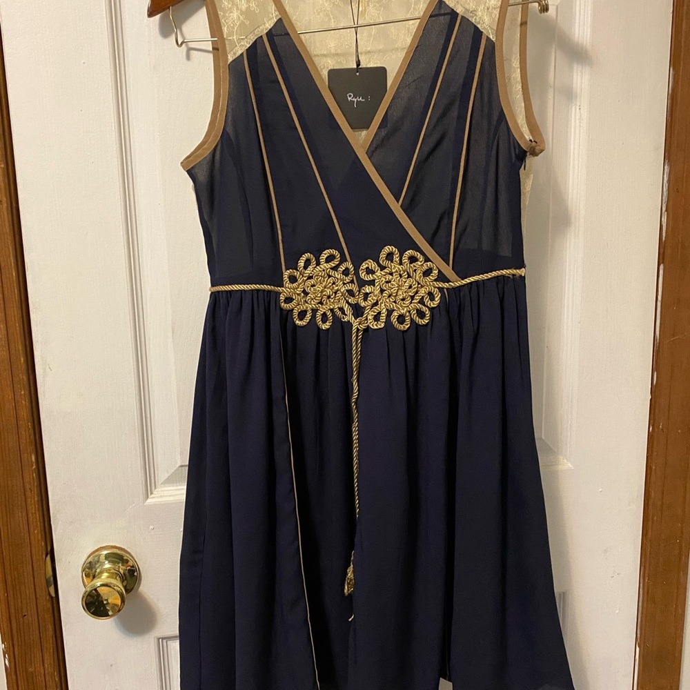 Ryu Blue and Gold Embellished Pleated Sundress